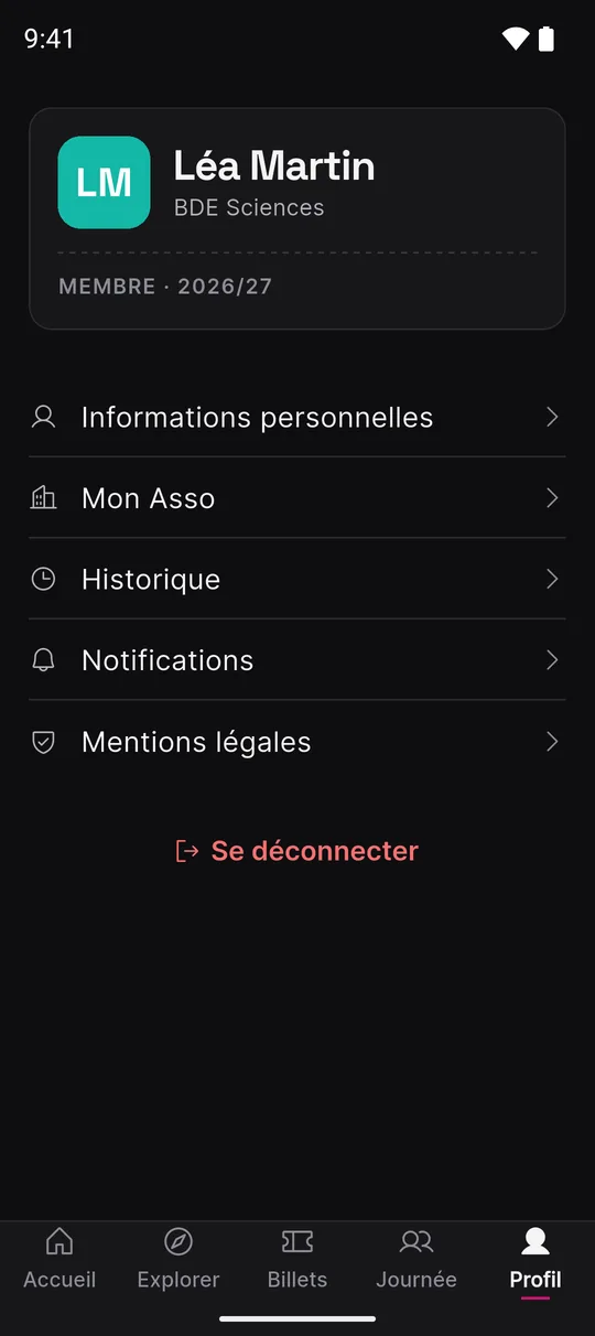 Profil étudiant dans l’app Mundle